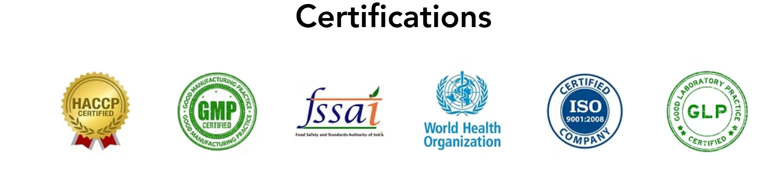 HACCP, GMP, FSSAI, World Health Organization, ISO 9001:2008, and GLP certification logos