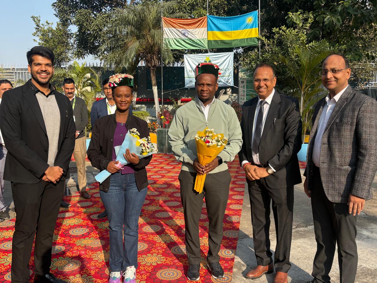 Welcome ceremony for Rwandan delegates with Indian and Rwandan flags