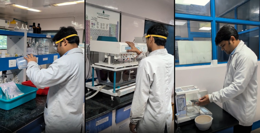 Analysts performing wet chemistry, instrument operation and balance weighing